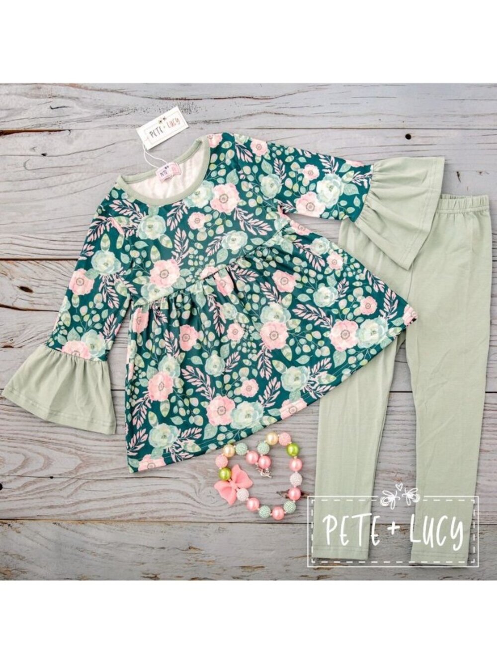 Pete + Lucy 12-18 m Sweet Emerald Floral Green Long Sleeve Baby Ruffle Pants Set